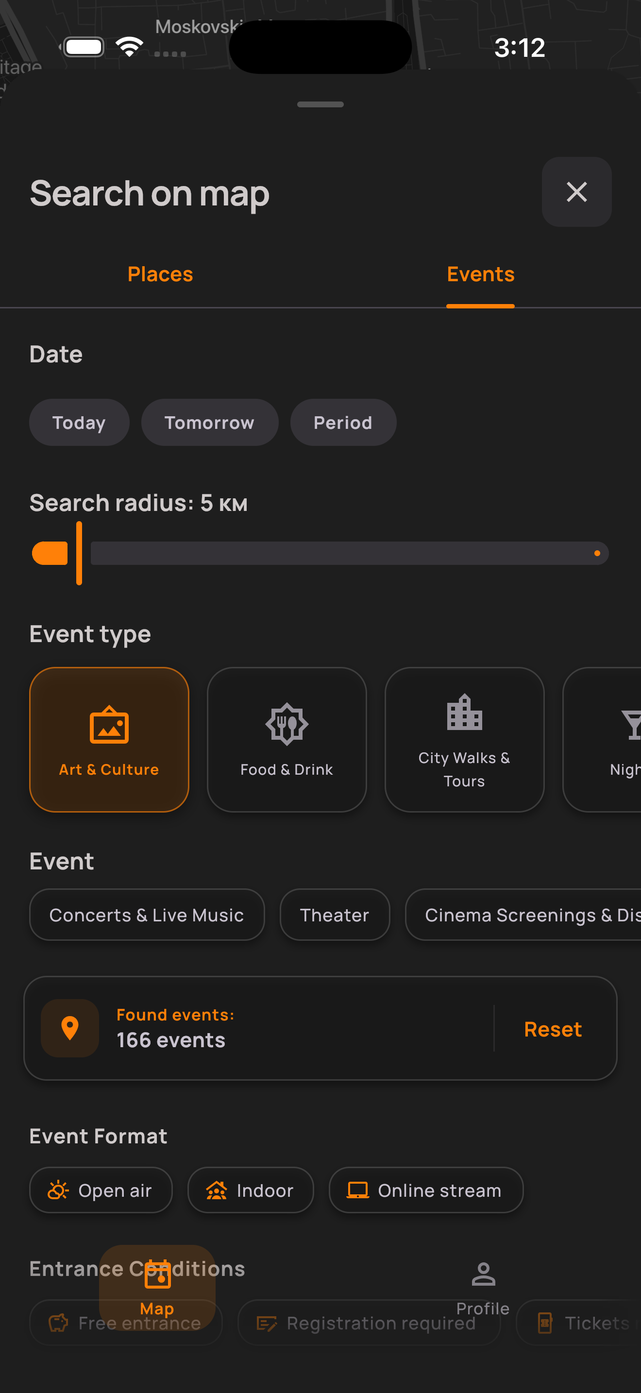 RestMap event search with dates, radius, categories and event formats