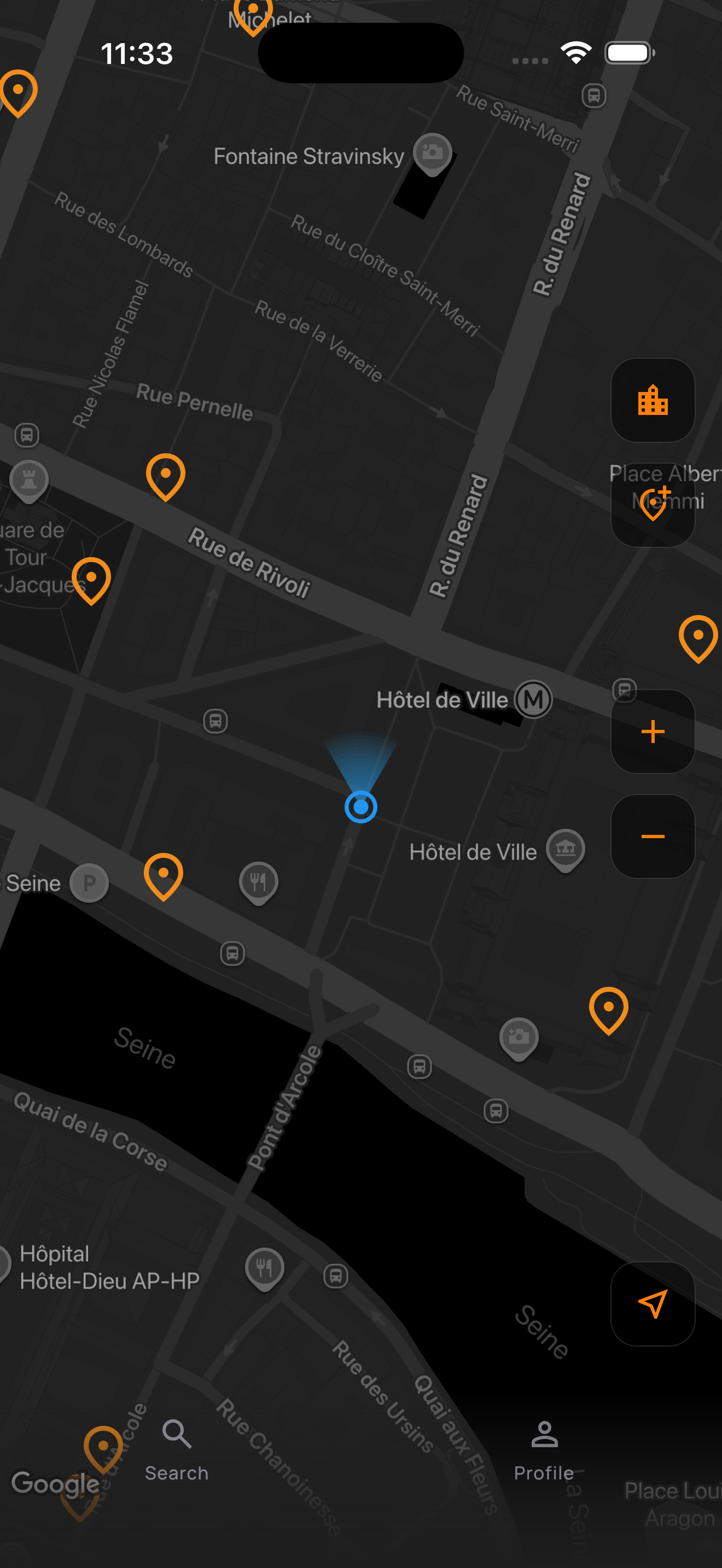 RestMap with orange place markers and a map search button