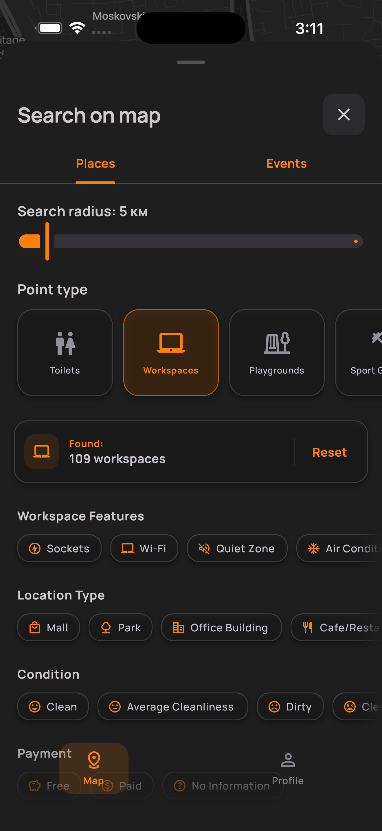 RestMap place search with radius, categories and amenities